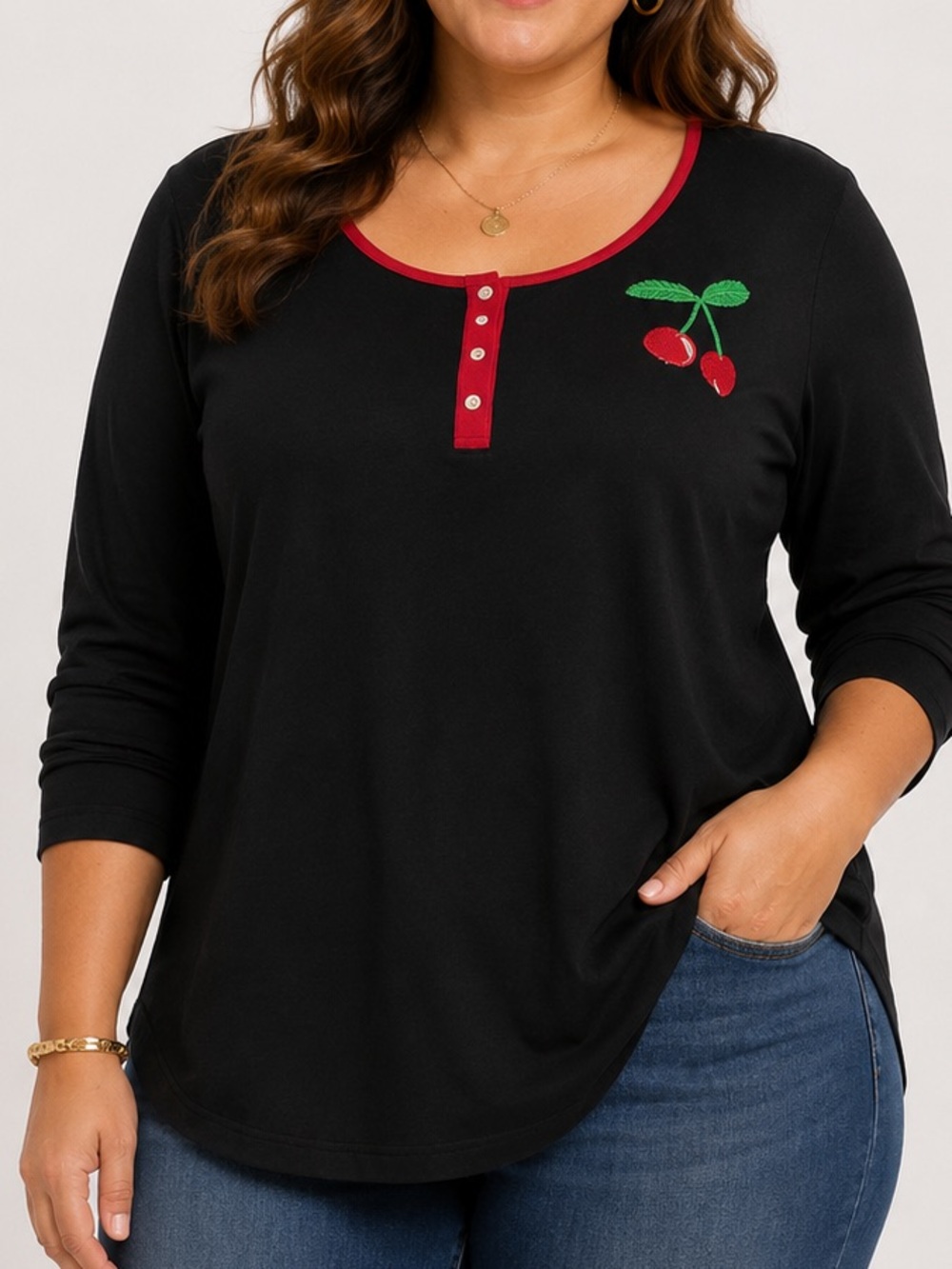 Quaker Factory Embellished Cherry Scoop Neck Long Sleeve Top Black with Red Trim